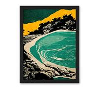 Wee Blue Coo Beach Lagoon Abstract Marbled Seascape Mustard Teal Artwork Framed Wall Art Print 18X24 Inch