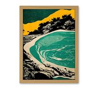 Wee Blue Coo Beach Lagoon Abstract Marbled Seascape Mustard Teal Artwork Framed Wall Art Print 18X24 Inch