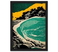 Wee Blue Coo Beach Lagoon Abstract Marbled Seascape Mustard Teal Artwork Framed Wall Art Print A4