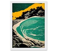 Wee Blue Coo Beach Lagoon Abstract Marbled Seascape Mustard Teal Artwork Framed Wall Art Print A4