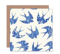 Wee Blue Coo Birds Swallows China Pattern Blue Birthday Art Sealed Greeting Card Plus Envelope Blank inside