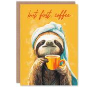 Wee Blue Coo Birthday Card But First Coffee Cute Happy Sloth Morning Ritual in Orange Wee Blue Coo Orange
