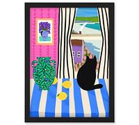 Wee Blue Coo Black Cat Looking Out Window at Seaside Lemons Artwork Framed A3 Wall Art Print