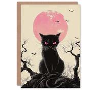 Wee Blue Coo Black Cat Scowl Full Moon Bats Trick or Treat Haunted Scary Halloween Card Blank For All