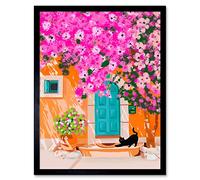 Wee Blue Coo Blue Door with Black Cat and Flowers Art Print Framed Poster Wall Decor 12x16 inch