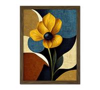 Wee Blue Coo Blue Mustard Ochre Copper Autumnal Abstract Stem Flowers Painting Artwork Framed Wall Art Print 18X24 Inch