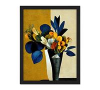 Wee Blue Coo Blue Mustard Ochre Orange Autumnal Abstract Bouquet Flowers Painting Artwork Framed Wall Art Print 18X24 Inch