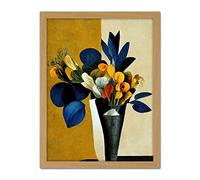 Wee Blue Coo Blue Mustard Ochre Orange Autumnal Abstract Bouquet Flowers Painting Artwork Framed Wall Art Print 18X24 Inch