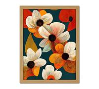 Wee Blue Coo Bold Colourful Daisies and Poppy Flowers Cobalt Orange Artwork Framed Wall Art Print 18X24 Inch