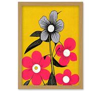 Wee Blue Coo Bold Flowers Linocut Pink and Mustard Yellow Print Artwork Framed Wall Art Print A4