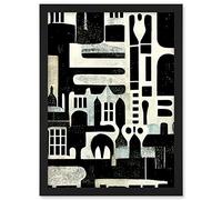 Wee Blue Coo Bold Monochrome Modern Vintage Abstract Geometric Black White Cream Grey Artwork Framed A3 Wall Art Print