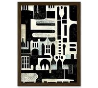 Wee Blue Coo Bold Monochrome Modern Vintage Abstract Geometric Black White Cream Grey Artwork Framed A3 Wall Art Print