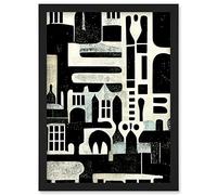 Wee Blue Coo Bold Monochrome Modern Vintage Abstract Geometric Black White Cream Grey Artwork Framed Wall Art Print A4