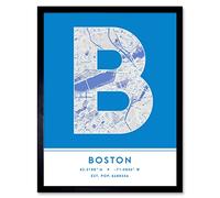 Wee Blue Coo Boston Massachusetts United States City Map Blue Colour Block Modern Typography Stylish Letter Framed Word Wall Art Print Poster for Home Décor CITYMAP1