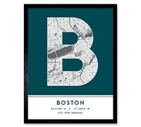 Wee Blue Coo Boston Massachusetts United States City Map Teal Colour Block Modern Typography Stylish Letter Framed Word Wall Art Print Poster for Home Décor CITYMAP1