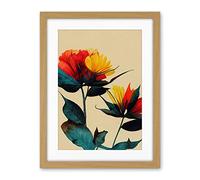 Wee Blue Coo Botanical Bold Flowering Yellow Red Teal Artwork Framed Wall Art Print 18X24 Inch
