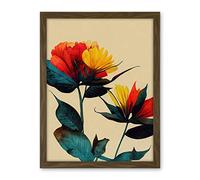 Wee Blue Coo Botanical Bold Flowering Yellow Red Teal Artwork Framed Wall Art Print 18X24 Inch