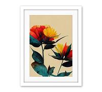 Wee Blue Coo Botanical Bold Flowering Yellow Red Teal Artwork Framed Wall Art Print 18X24 Inch