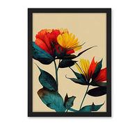Wee Blue Coo Botanical Bold Flowering Yellow Red Teal Artwork Framed Wall Art Print 18X24 Inch