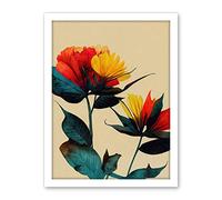 Wee Blue Coo Botanical Bold Flowering Yellow Red Teal Artwork Framed Wall Art Print 18X24 Inch