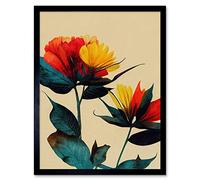 Wee Blue Coo Botanical Bold Flowering Yellow Red Teal Artwork Framed Wall Art Print 9X7 Inch