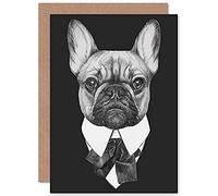 Wee Blue Coo Bow Tie French Bulldog Drawing Greeting Card With Envelope Inside Premium Quality
