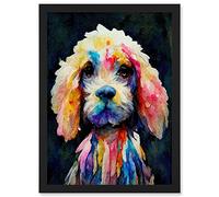 Wee Blue Coo Bright Abstract Colourful Dog Spaniel Cavapoo Cockapoo Artwork Framed Wall Art Print A4