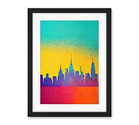 Wee Blue Coo Bright Colourful Abstract New York Skyline Cityscape Yellow Blue Coral Turquoise Artwork Framed Wall Art Print 18X24 Inch