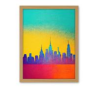 Wee Blue Coo Bright Colourful Abstract New York Skyline Cityscape Yellow Blue Coral Turquoise Artwork Framed Wall Art Print 18X24 Inch