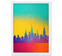 Wee Blue Coo Bright Colourful Abstract New York Skyline Cityscape Yellow Blue Coral Turquoise Artwork Framed A3 Wall Art Print