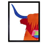 Wee Blue Coo Bright Highland Scottish Cow Bull Coo Colourful Art Print Framed Wall Decor 9X7 inch