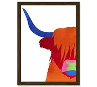 Wee Blue Coo Bright Highland Scottish Cow Bull Coo Colourful Artwork Framed Wall Art Print A4