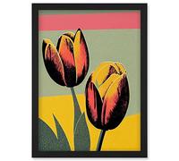 Wee Blue Coo Bright Modern Silkscreen Tulip Blooms Stencil Dusky Pink Sage Green Mustard Yellow Artwork Framed Wall Art Print A4
