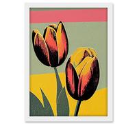 Wee Blue Coo Bright Modern Silkscreen Tulip Blooms Stencil Dusky Pink Sage Green Mustard Yellow Artwork Framed A3 Wall Art Print
