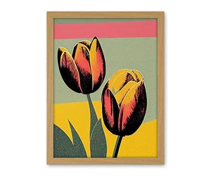 Wee Blue Coo Bright Modern Silkscreen Tulip Blooms Stencil Dusky Pink Sage Green Mustard Yellow Artwork Framed Wall Art Print 18X24 Inch