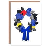 Wee Blue Coo Bright Polka Dot Line Wreath Bow Leaves Xmas Art Blank Christmas Card Wee Blue Coo Multicolor
