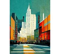 Wee Blue Coo Broadway New York Abstract Midcentury Cityscape Orange Teal Art Print Canvas Premium Wall Decor Poster Mural