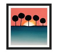 Wee Blue Coo Bubble Tree Dark Outlines Boho Sunset Horizon Landscape Coral Teal Watercolour Illustration Square Wooden Framed Wall Art Print Picture 16X16 Inch