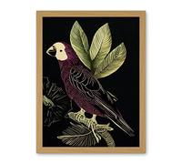 Wee Blue Coo Burgundy Parrot Leaves Tree Branch on Black Vintage Linocut Illustration Artwork Framed Wall Art Print 18X24 Inch