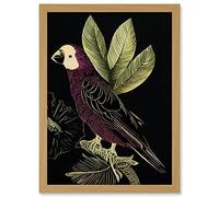 Wee Blue Coo Burgundy Parrot Leaves Tree Branch on Black Vintage Linocut Illustration Artwork Framed A3 Wall Art Print