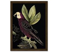 Wee Blue Coo Burgundy Parrot Leaves Tree Branch on Black Vintage Linocut Illustration Artwork Framed Wall Art Print A4