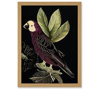 Wee Blue Coo Burgundy Parrot Leaves Tree Branch on Black Vintage Linocut Illustration Artwork Framed Wall Art Print A4