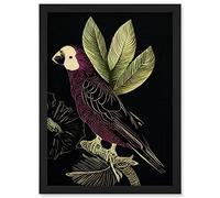 Wee Blue Coo Burgundy Parrot Leaves Tree Branch on Black Vintage Linocut Illustration Artwork Framed Wall Art Print A4
