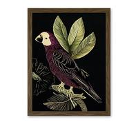 Wee Blue Coo Burgundy Parrot Leaves Tree Branch on Black Vintage Linocut Illustration Artwork Framed Wall Art Print 18X24 Inch