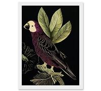 Wee Blue Coo Burgundy Parrot Leaves Tree Branch on Black Vintage Linocut Illustration Artwork Framed A3 Wall Art Print