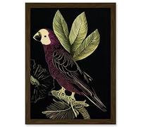 Wee Blue Coo Burgundy Parrot Leaves Tree Branch on Black Vintage Linocut Illustration Artwork Framed A3 Wall Art Print