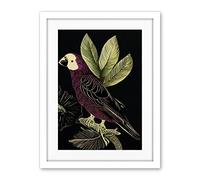 Wee Blue Coo Burgundy Parrot Leaves Tree Branch On Black Vintage Linocut Illustration Artwork Framed Wall Art Print 18X24 Inch
