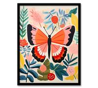 Wee Blue Coo Butterfly Henri Matisse Style Bright Painting Leaves Fronds and Floral Blooms Spring Artwork Framed Wall Art Print A4