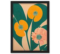 Wee Blue Coo California Poppy Flower Blooms Turquoise Leaves Bright Artwork Framed Wall Art Print A4