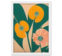Wee Blue Coo California Poppy Flower Blooms Turquoise Leaves Bright Artwork Framed Wall Art Print A4